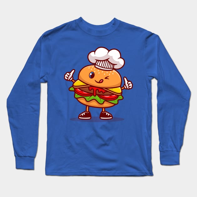 Cute Burger Chef Wearing Cap Cartoon Long Sleeve T-Shirt by Catalyst Labs